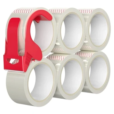 Imagen de WinGluge 6 Rollos Cinta de Embalaje con Dispensador(50mm x 66m), Precinto Transparente para Empaquetados Resistentes Envasar Paquetes y Cajas Transporte Robustas Duraderas
