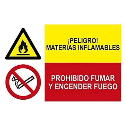 Imagen de MovilCom® Adhesivo combinado ¡PELIGRO! MATERIAS INFLAMABLES/PROHIBIDO FUMAR Y ENCENDER FUEGO 600X400m señal informativa (ref.PRD4300018)