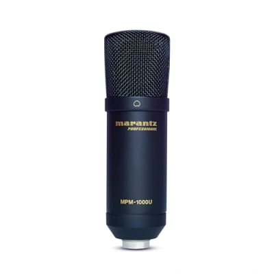 Imagen de Marantz Pro MPM1000U — Micrófono USB de condensador para estudio con interfaz audio integrada, soporte, soporte sobremesa y cable, perfecto la producción podcasts, negro