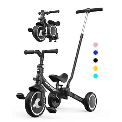 Imagen de besrey 7 en 1 Triciclo para niños pequeños con manija de Empuje dirección 5 años,Triciclo,Bicicleta,Carro Equilibrio,Caminante, Altura del Asiento Regulable,Negro