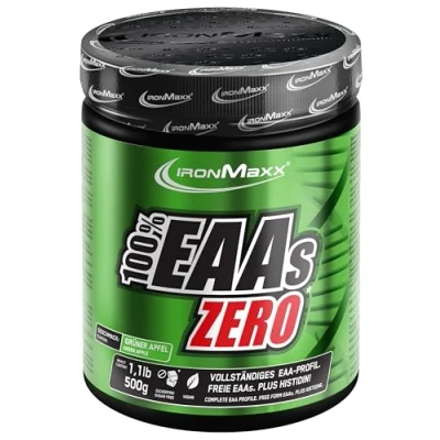 Imagen de IronMaxx 100% Porciento EAAS ZERO aminoácidos polvo contiene todos los 8 esenciales con alto contenido de BCAA Amino vegano sabor: manzana verde dosis alta envase 500g