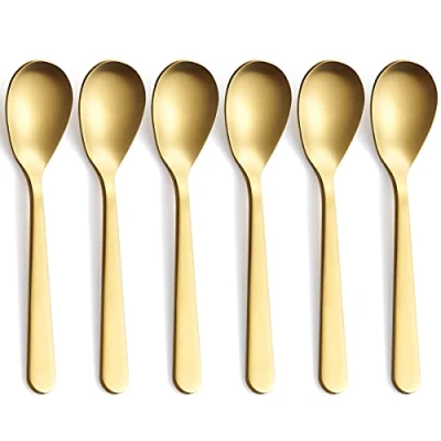 Imagen de FULLYWARE cucharas de café Demitasse Gold mate, acero inoxidable, acabado satinado, mini cucharaditas, azúcar, 4.7 pulgadas, juego 6