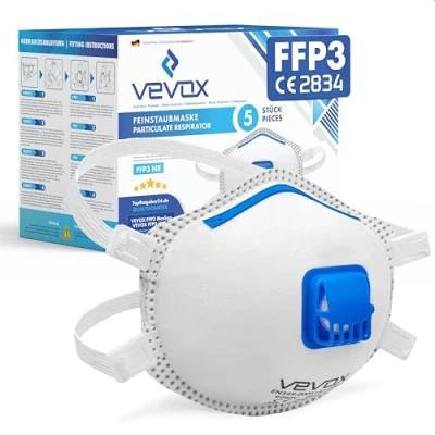 Imagen de VEVOX® Mascarillas FFP3 Set de 5 con Sellado Comfort Plus Mascarilla antipolvo válvula Para la protección más fiable