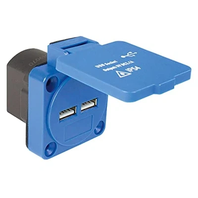 Imagen de as Schwabe Toma de corriente incorporada Con 2X tomas Tensión entrada 230V y puertos USB 5 V / 2,1 A Para uso exterior e interior tapa IP54 Azul