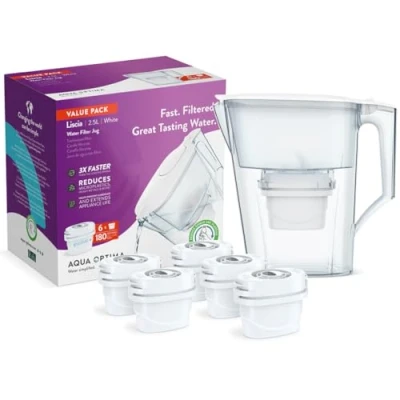 Imagen de Aqua Optima Liscia Jarra de Filtro Agua y 6 Cartuchos Evolve+ 30 Días, Capacidad 2,5 litros, Para la Reducción Microplásticos, Cloro, Cal e Impurezas, Blanco