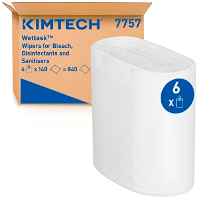 Imagen de paños Kimtech Wettask DS para disolventes 7757 Toallitas industriales 6 rollos x 140 de limpieza blancos (840 en total)