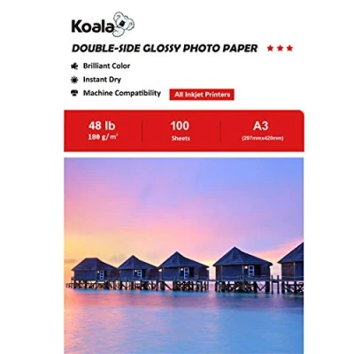 Imagen de KOALA Papel Fotográfico de Doble cara Brillante para Inyección Tinta A3, 180 g/m², 100 hojas. Adecuado imprimir Fotos, Certificados, Folletos, Volantes, Tarjetas, Calendarios, Cubiertas, Artes