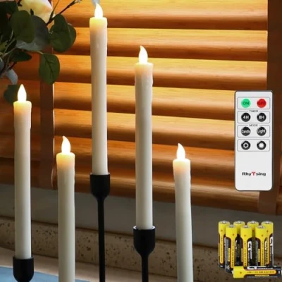 Imagen de Rhytsing 5 Velas LED Blancas Largas, a pilas con Mando distancia para Navidad Decoración, diseño de goteo cera,Mando y incluidas, Altura 25cm (blanco)