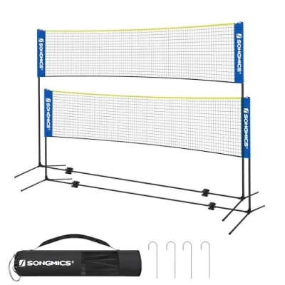Imagen de SONGMICS Red de bádminton 4 m, Voleibol, Poste Altura Ajustable, Juego portátil para Tenis, Playa, jardín, Parque, Exterior, Azul y Amarillo SYQ400Q02