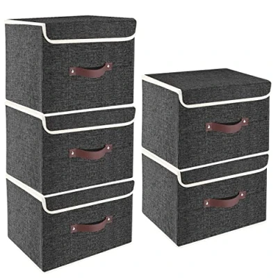 Imagen de TYEERS Cajas de Almacenaje con Tapa, Tela, Lavable, Organizadoras, 38x25x25 cm, Juego 5, Negro