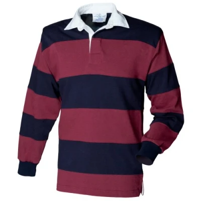 Imagen de Front Row Polo de manga larga a rayas con el cuello en blanco para hombre/Caballero Modelo Sewn Stripe (Grande (L)/Burdeos/Azul marino)