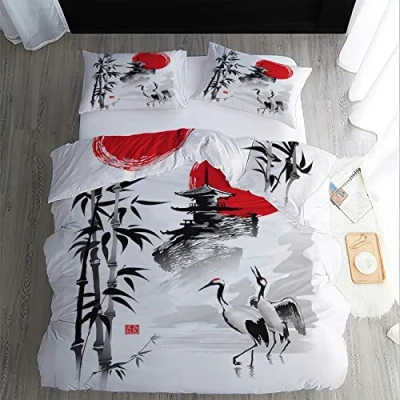 Imagen de Funda Nordica Cama 90 Estilo Japones, Grúa Bambú Edredon 135x200 cm y 1 de Almohada 50x75 cm, Juego Ropa 2 Piezas, Fundas Nordicas Microfibra Suave
