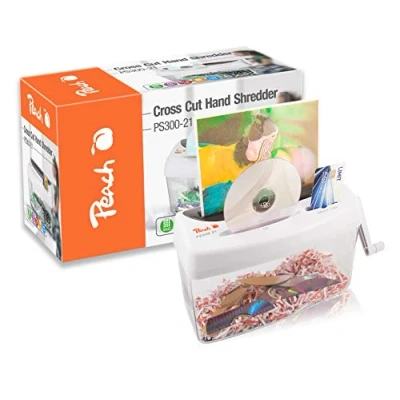 Imagen de Destructora de papel DSGVO Peach PS300 21A y miniaspiradora mesa PA105, 1 hoja, 4 l, P 4, CD tarjetas crédito, corte manual en cruz, corriente independiente.