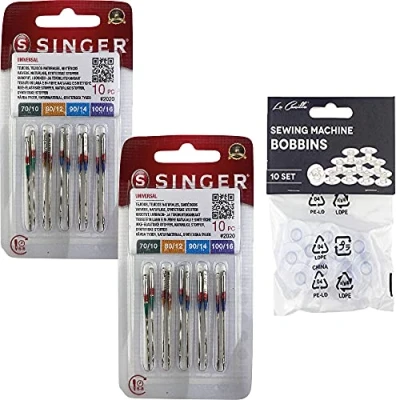Imagen de Pack de 10 Agujas para Máquinas Coser Singer 2020 Universales Grosores 70 80 90 100 Tejidos Algodón y Sintéticos 130/705 H (Talón plano un lado) + Canillas Plástico