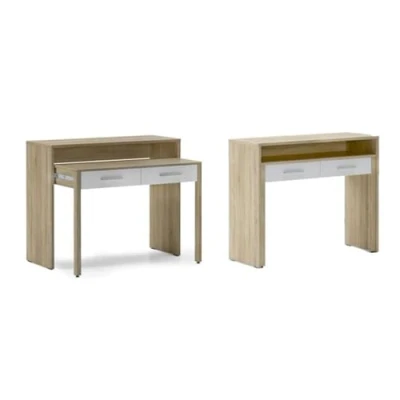 Imagen de Skraut Home Escritorio Extensible Dimensiones Cerrada: 87 x 99 36 cm Consola de Estudio Madera Resistente Color Roble/Blanco Ideal para tu Habitación