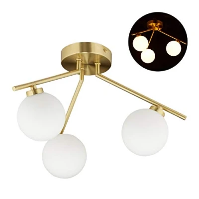 Imagen de Relaxdays Lámpara de techo GLOBI, Tres focos, G9, Esferas cristal opalino, 24,5 x 36 cm, Dorado