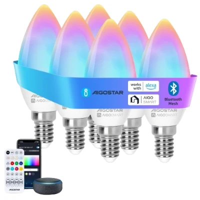 Imagen de Aigostar Mesh Bombilla inteligente Bluetooth Mesh, C37. 2700K 6500K y RGB regulable, E14, 6.5W, 555LM. LED compatible con Alexa Google Home. Incluye mando a distancia. 6Uds