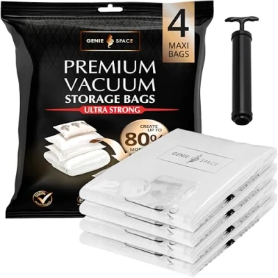 Imagen de GENIE space Incredibly Strong Premium Saving Vacuum Bags Storage Airtight &amp; Reusable Create 80% more For Clothes, Towels, Bedding, Duvets and more. (Maxi (4pk))