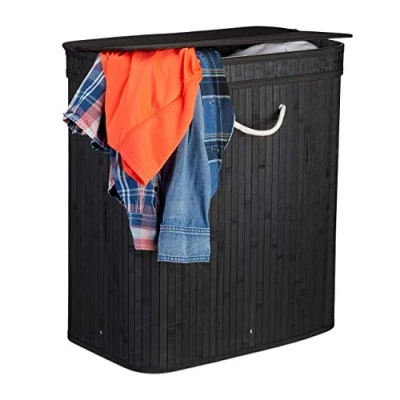 Imagen de Relaxdays Cesto Ropa Sucia Rectangular con 2 Compartimentos, Cubo Colada, Canasta Tapa, Bambú, 95 L, Negro