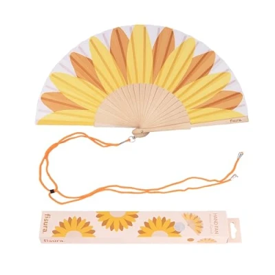 Imagen de Fisura Abanico original con estampado girasol. de madera moderno y colorido. Ventilador mano amarillo. Colgador incluido. Medidas: 42,5 x 23 cm