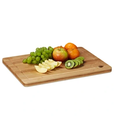 Imagen de relaxdays Schneidebrett rund Tabla de Cortar Cocina, Bandeja para Picar, Plato, Orificio, Relieve Interior, Bambú, 2 x 40 30 cm, Marrón
