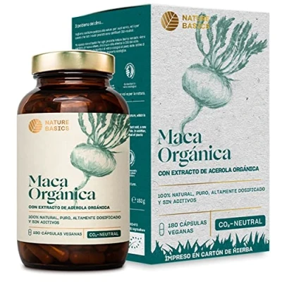 Imagen de Nature Basics® Organic Maca certificado y sostenible en un tarro 180 cápsulas veganas 3000mg de polvo 12mg vitamina C natural por dosis diaria puro, sin aditivos CO2