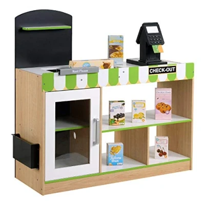 Imagen de WOOMAX Supermercado Juguete Madera con Accesorios, Tienda mostrador Luz y Sonidos, Caja registradora Juguetes, Pizarra Infantil Juguetes niños 3 años Educativo, 85386