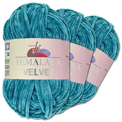 Imagen de Wohnkult Himalaya 3 x 100 g Velvet Dolphin tejido de lana, 40 colores para elegir, hilo tejer chenilla, lana esponjosa, brillo, accesorio, ropa, mantas (90041, azul océano)