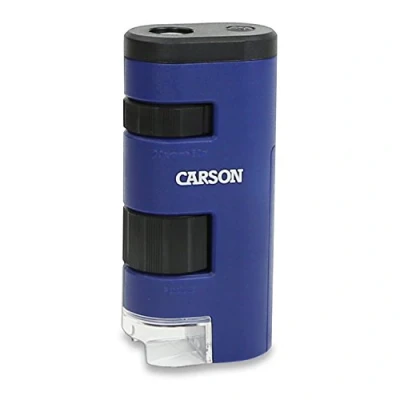 Imagen de Carson PocketMicro Mini Microscopio de Bolsillo con iluminación LED, 20x 60x Rango Aumento, y Sistema Lentes asféricas (MM 450) azul