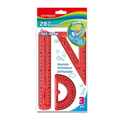 Imagen de KEYROAD Juego de geometría flexible/Flex Draw con gráfico/juego matemáticas 3 piezas: 1 regla 20 cm, triángulo dibujo, transportador, agujero para colgar, colores mixtos