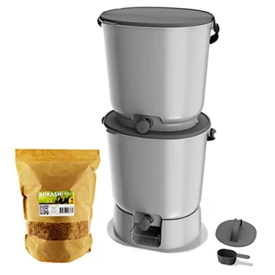 Imagen de Moutta Bokashi Organko Essential Gris (15,3L) Set 2 Cubos de compost orgánico con compactador + 1 kg Activador Fermentación EM