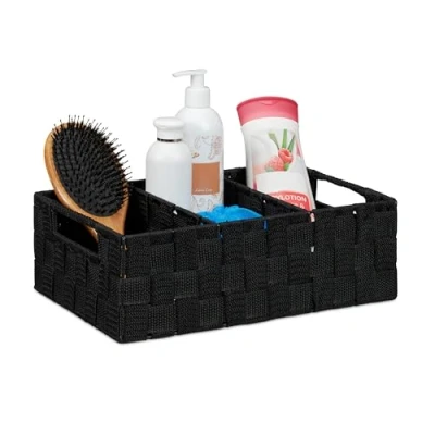 Imagen de relaxdays Cesta de almacenaje para baño, Neceser Maquillaje, con Asas, 10x32x21 cm. 1 Ud, Negro, Hierro