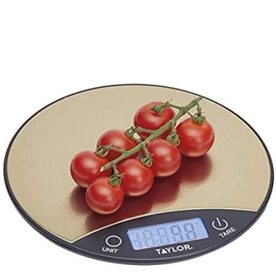 Imagen de Taylor Pro Balanza Digital Fina y Redonda de Cocina, Compacta, Nivel Profesional con Alta Precisión, Función Peso Tara, Acero Inoxidable Efecto Bronce, 5 kg Capacidad