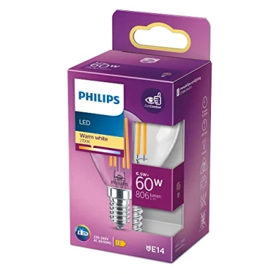 Imagen de Philips Bombilla LED cristal 60W E14 luz blanca cálida P45, transparente, no regulable