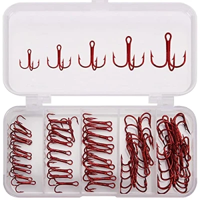 Imagen de ANCLLO 50pcs Kit de Anzuelos triples pesca acero con alto contenido carbono agudos fuertes curva redonda para señuelos cebo duro Rojo