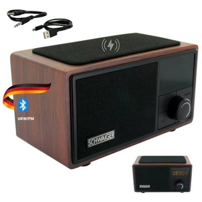 Imagen de SCHWAIGER 715729 Radio Despertador analógico Estación de Carga QI FM Altavoz Bluetooth Caja música AUX Micro SD Cargador inalámbrico Reloj Inteligente Aspecto Madera
