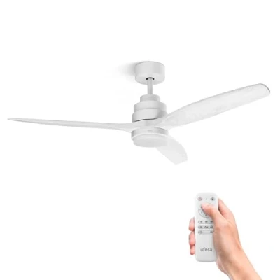 Imagen de Ufesa Ventilador de Techo con Luz CFNP, 40W, 6 Velocidades, Ultra Silencioso, 3 Aspas Madera Natural 132cm, Función Verano Invierno, Temporizador 8h, Niveles Luz, Mando a Distancia, Blanco