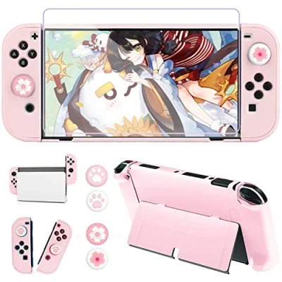 Imagen de OLDZHU Funda Protectora Compatible con Nintendo Switch OLED Modelo,PC Rosado Carcasa para Protector de Pantalla Consola y Agarres el Pulgar
