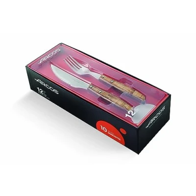 Imagen de Arcos Juego Cuchillos carne 12 piezas Acero Inoxidable y Hoja mm. Paquete Cuchillo bolsillo con filo perla cortar filetear carne. Mango ergonómico polioximetileno POM. Serie Mesa. Color marrón.