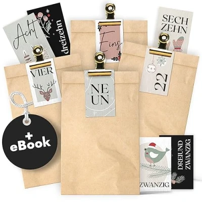 Imagen de AMARI ® Calendario de Adviento para rellenar Hygge Pastell 24 Bolsas (con tarjetas) hacer en Navidad Bolsa papel con pegatinas números regalos