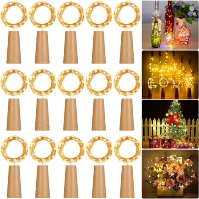 Imagen de Frasheng 15 Piezas Luces de Botella,luz Corcho,luces LED para Botellas Vino 2m 20 a Pilas Decorativas Alambre Plata Luz,luz Botella Romántico Boda,Navidad,Fiesta,Jardín,Blanco Cálido