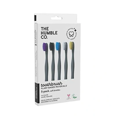 Imagen de The Humble Co. Paquete familiar de cepillos dientes a base plantas (5 p) Cerdas sensibles Biodegradables, ecológicos, veganos para su cuidado oral diario, aprobado por el dentista