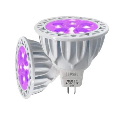 Imagen de JSVSAL Paquete de 2 bombillas LED con base bimpines, regulables, moradas MR16 GU5.3, 5 W, 50 halógeno, AC/DC 12 V baja tensión, focos 40 grados para iluminación paisaje, jardín, árbol