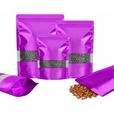 Imagen de Rimiko 50 Piezas Bolsa Ziploc de Pie con Ventana, Embalaje Resellable Aluminio, Mylar Cierre para Almacenamiento Alimentos, Granos Café, Dulces (Violeta,16x24 cm)