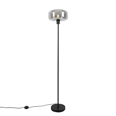 Imagen de Qazqa art Déco Lámpara de pie deco negra con cristal ahumado Bizle/Acero Redonda Adecuado para LED Max. 1 x 25 Watt
