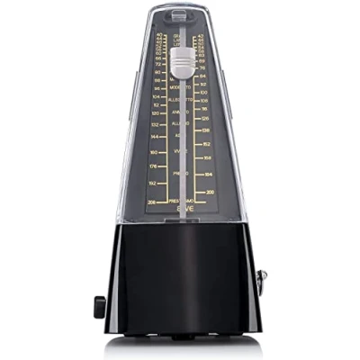Imagen de Rockmusic Metrónomo Mecánico Aroma MLI de Alta Precisión para Piano, Batería, Guitarra, Bajo, Violín y Instrumentos Viento, con Sincronización Exacta Tempo 40 a 208 bpm color Negro