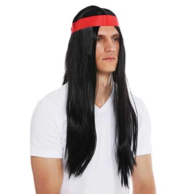 Imagen de WIG ME UP 7093 P103 Peluca Halloween Carnaval Hombres Mujeres los 70 Hippie indígena Pelo Negro Largo Liso Raya en Medio Cinta para el