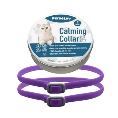 Imagen de Pets4Luv Collar calmante para Gatos Collares calmantes a feromonas Anti ansiedad de Talla pequeña, Media y Grande Ajustable e Impermeable, 100% Natural, Paquete 2 Violetas