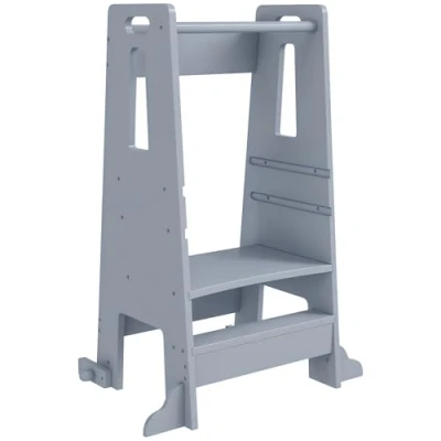 Imagen de AIYAPLAY Torre de Aprendizaje Taburete para Niños +3 Años con Pedal Altura Ajustable en 3 Niveles y Barrera Seguridad Baño Cocina 45x47,5x91 cm Gris