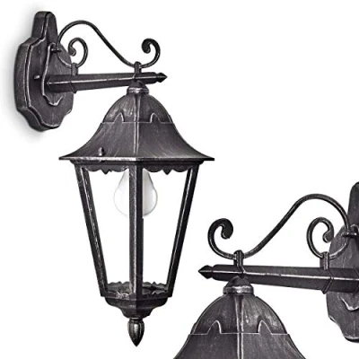 Imagen de Aplique de exterior Lignac, lámpara pared hacia abajo aspecto antiguo, fundición aluminio en negro/plata, cristales, E27, retro/vintage para terraza y patio, sin bombillas